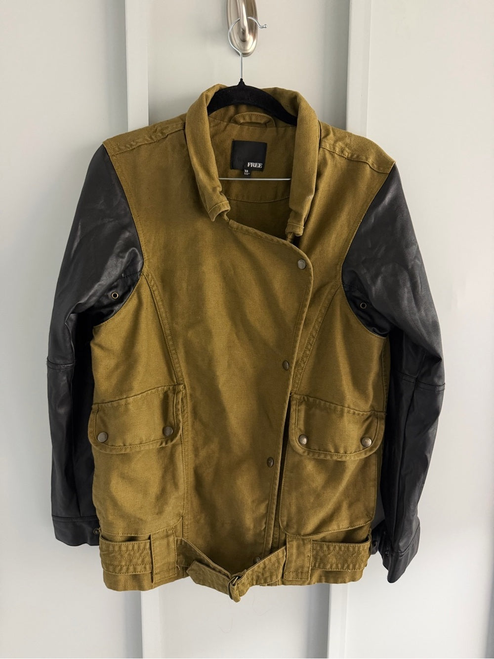 Wilfred Free Aritzia Olive Green Linen Cotton Faux Leather Sleeve Jacket XS