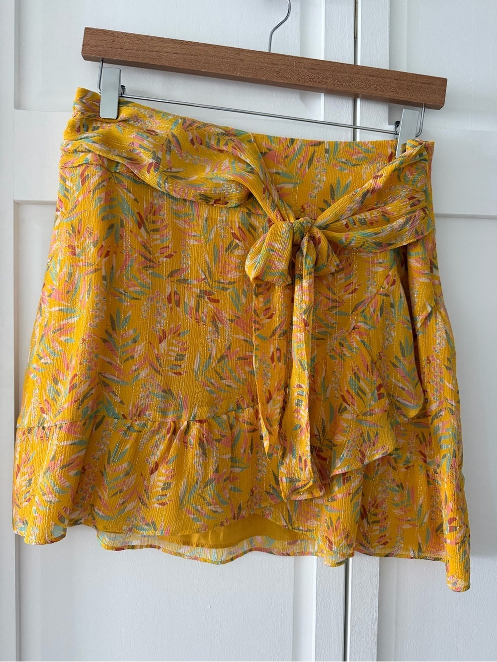 Sezane Silk Metallic Floral Mini Skirt Yellow Tie Front size FR 40/ US 6-8