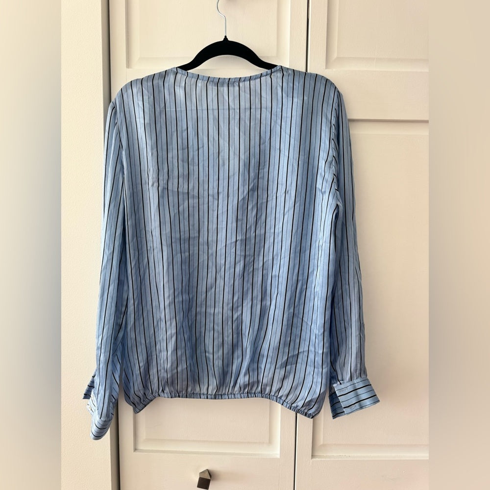 Hence Blue Pinstripe Satin Blouse | Draped V-Neck | Long Sleeve | (Fits M–L)
