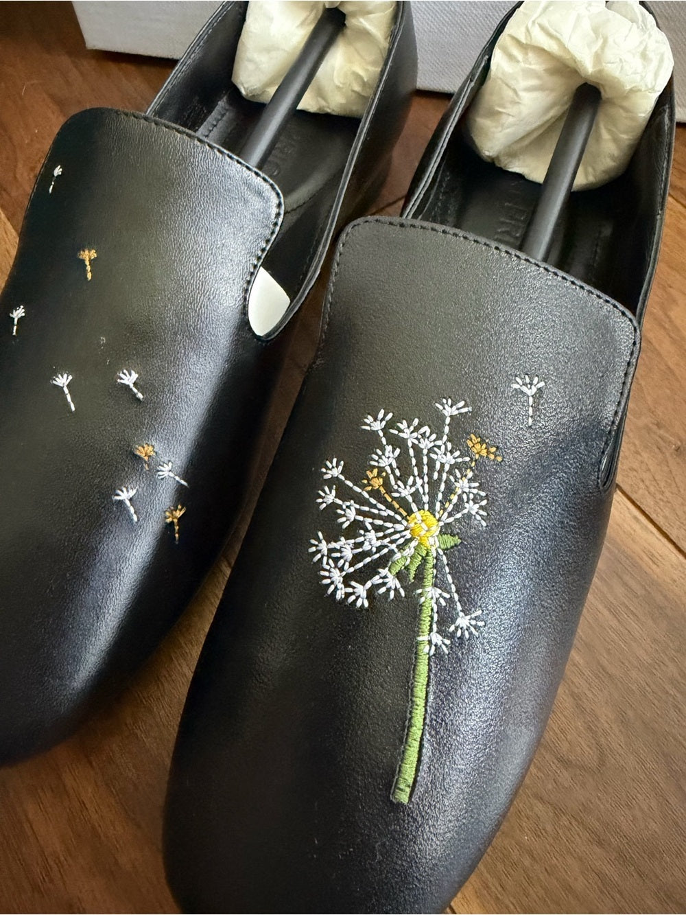 Kiki Price Embroidered Dandelion Black Leather Flats - Size 40