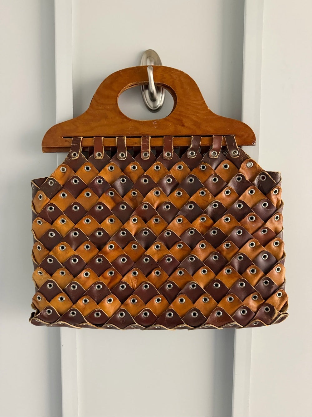 Vintage Handmade Leather & Wood Weave Statement Handbag