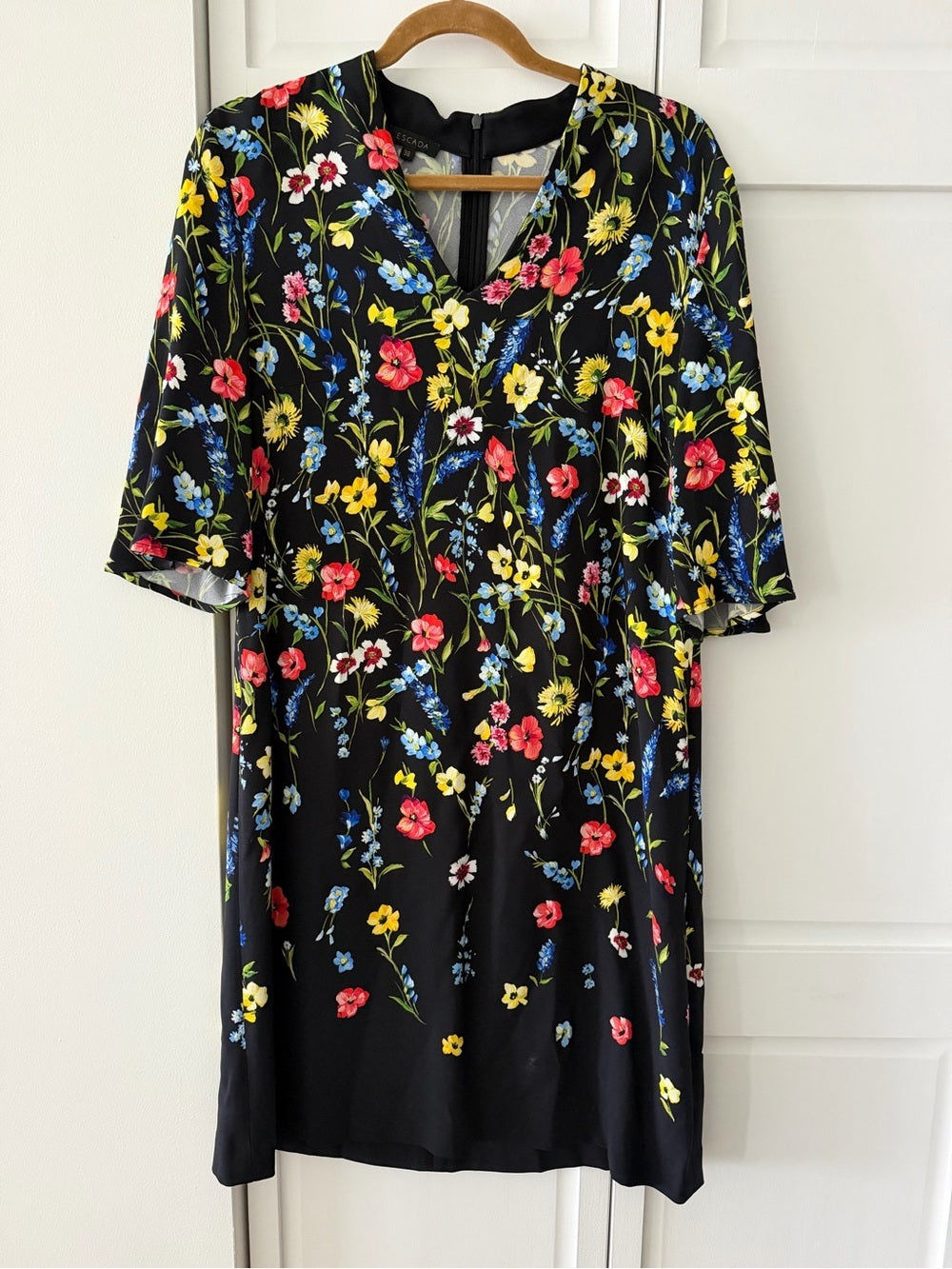 Like New Escada Vibrant Floral Black Midi Dress - Size 6/8 (EU 38)
