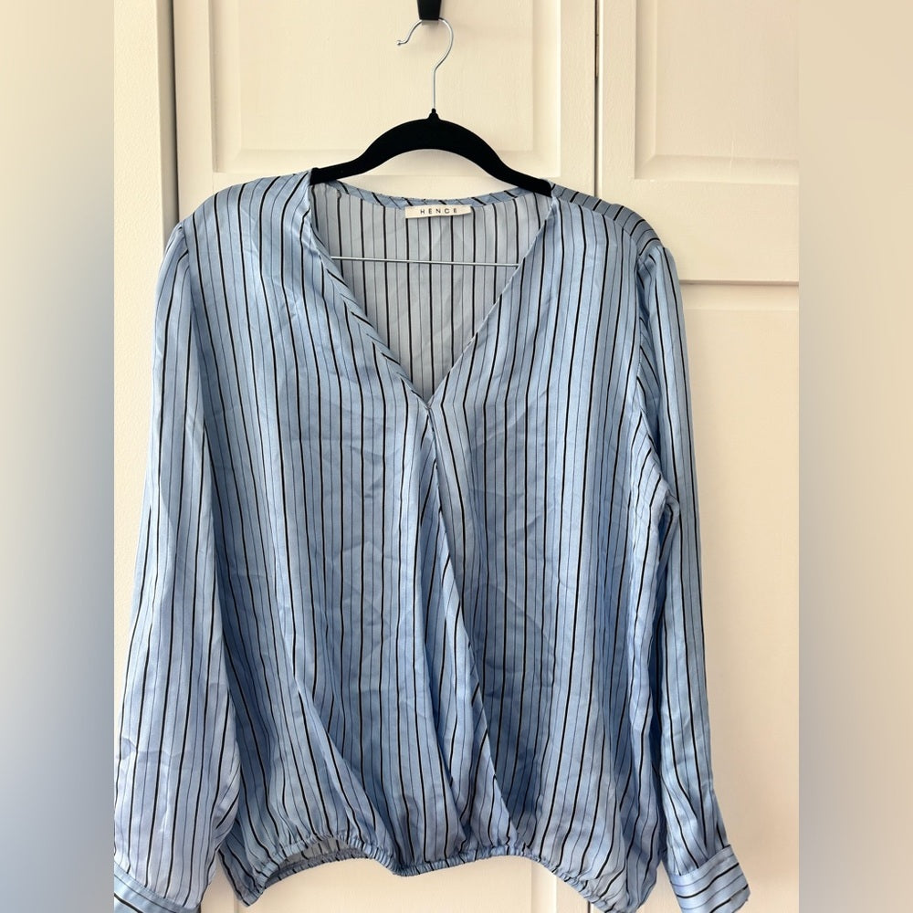 Hence Blue Pinstripe Satin Blouse | Draped V-Neck | Long Sleeve | (Fits M–L)