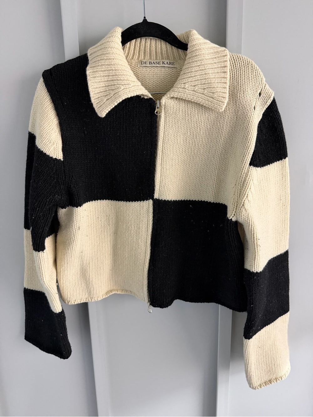 De Base Karé Black & White Colorblock Wool Blend Zip-Up Sweater Size L