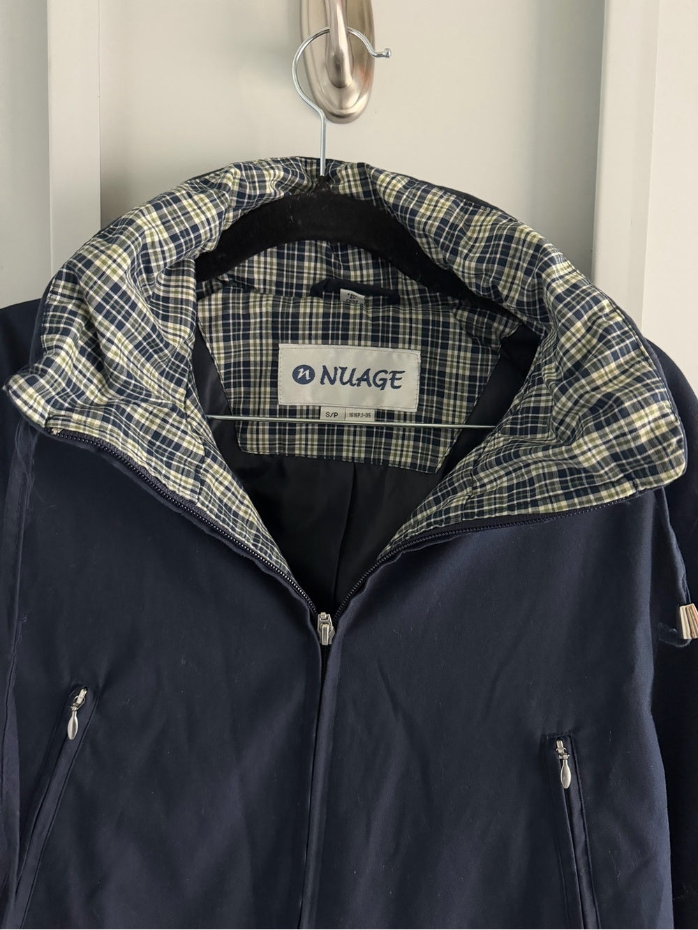 Nuage Navy Blue Plaid-Lined Short Trench Jacket - Size Small