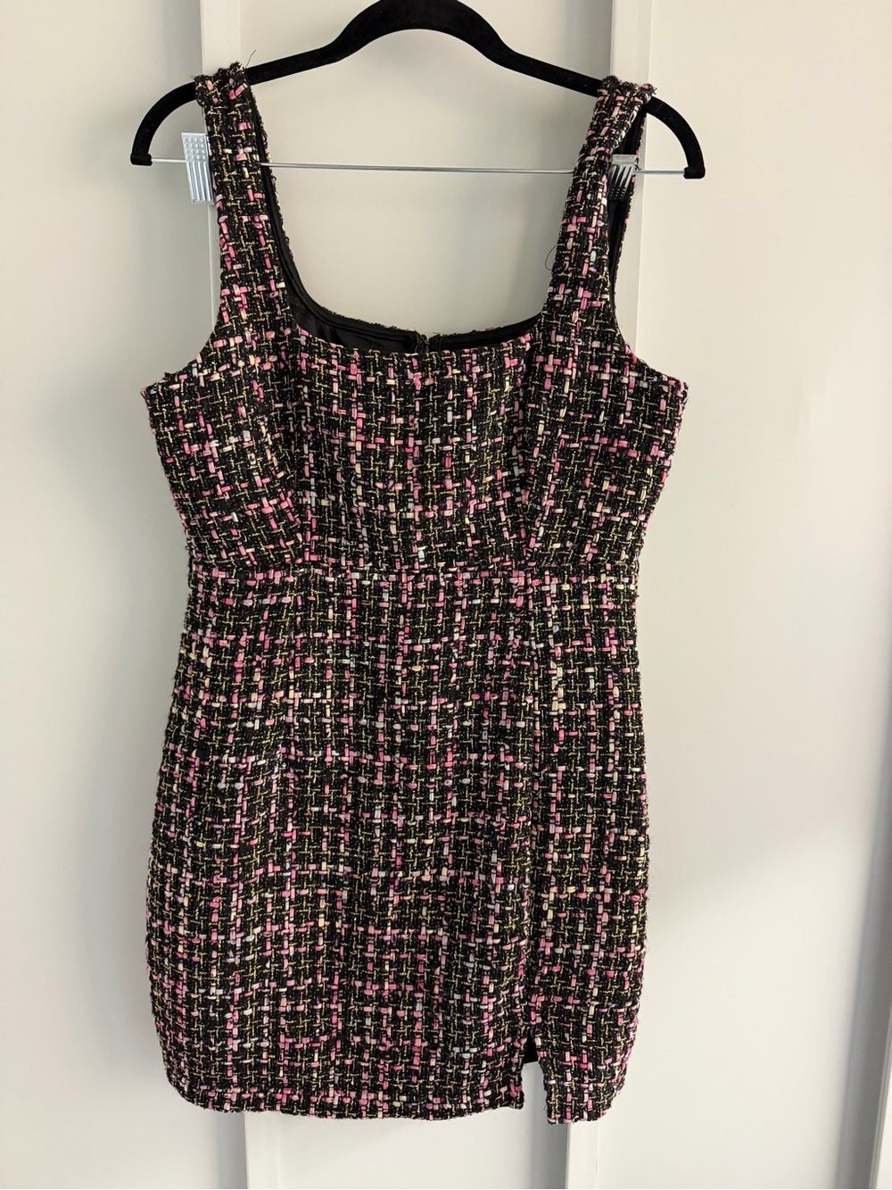 Sincerely Jules Black Pink Metallic Gold Tweed Shift Mini Dress L