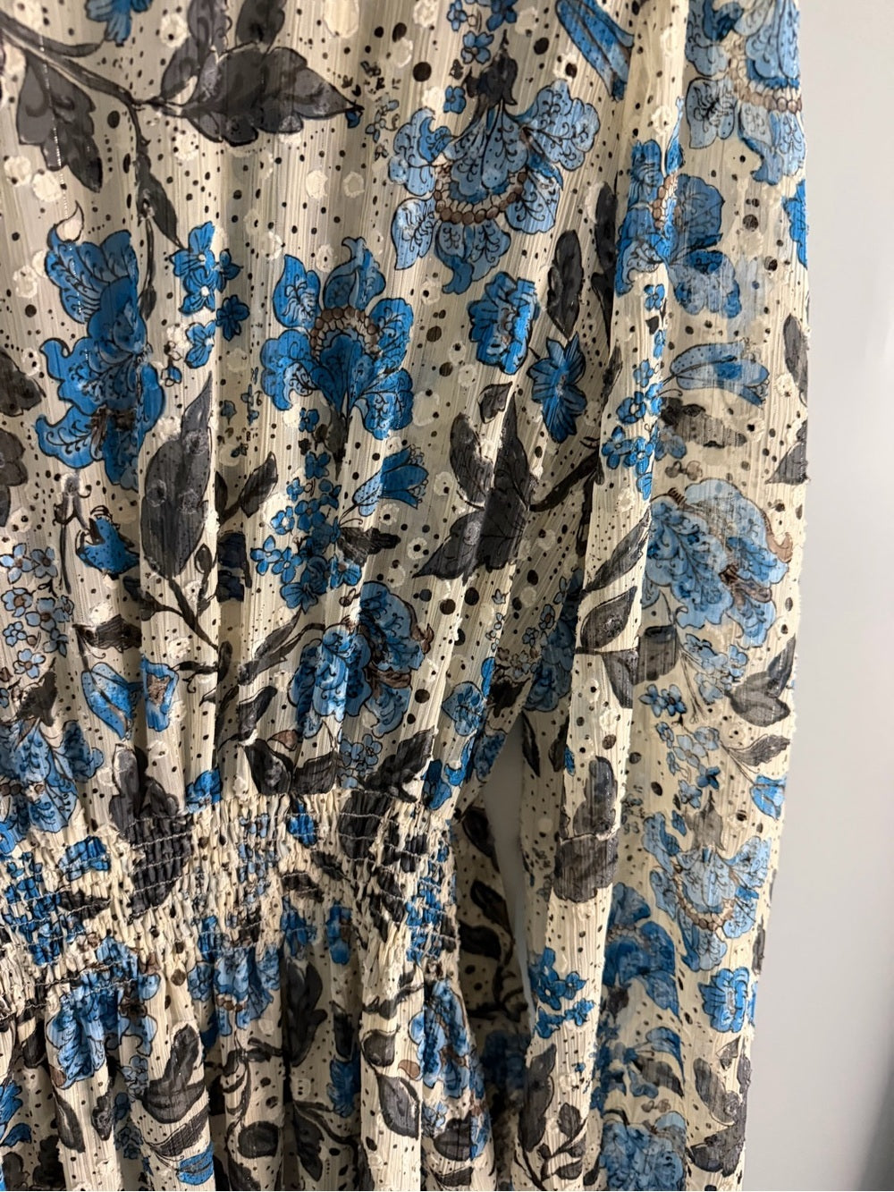 MISA Los Angeles Floral Chiffon Smocked Waist Tie Neck Dress L