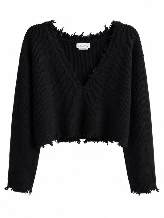 Lovers and Friends Black Cropped Distressed Knit Sweater Size XS