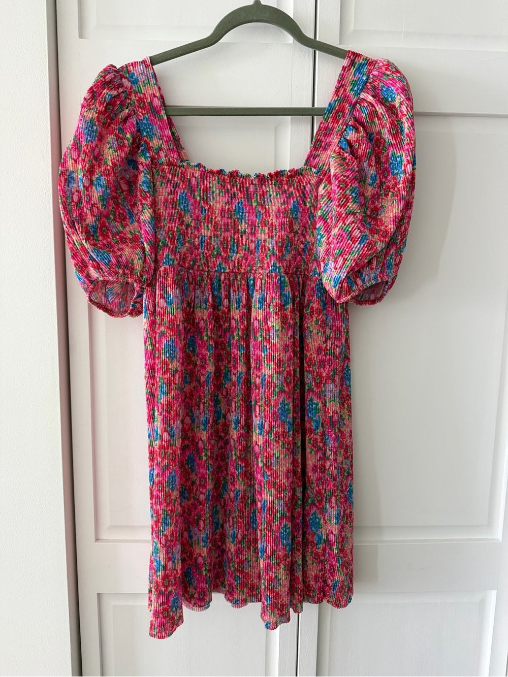 Zara Bright Floral Smocked Plissé Puff Sleeve Mini Dress M New