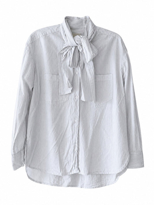 Easy Clothes French Tie-Front Cotton Oversized Striped Blouse size S blue white - Studio Edition