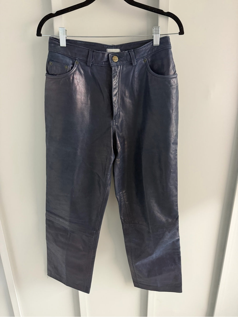 Vintage French Navy Blue Leather Boyfriend Fit Pants - Lined - Size 30