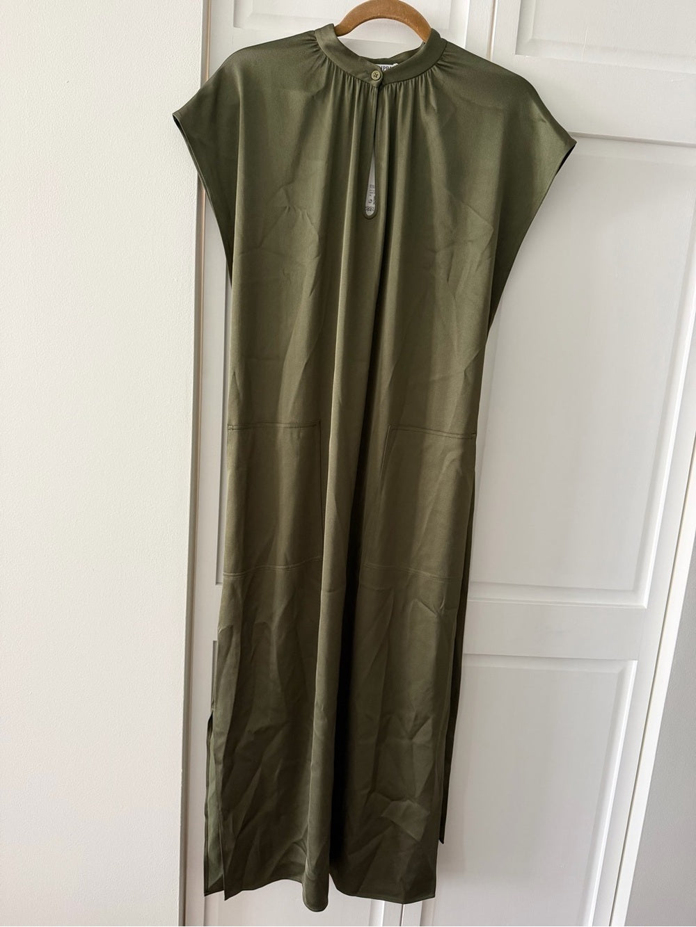 Filippa K Olive Green Satin-Finish Midi Dress - Size 36 (Fits Oversized) NWT