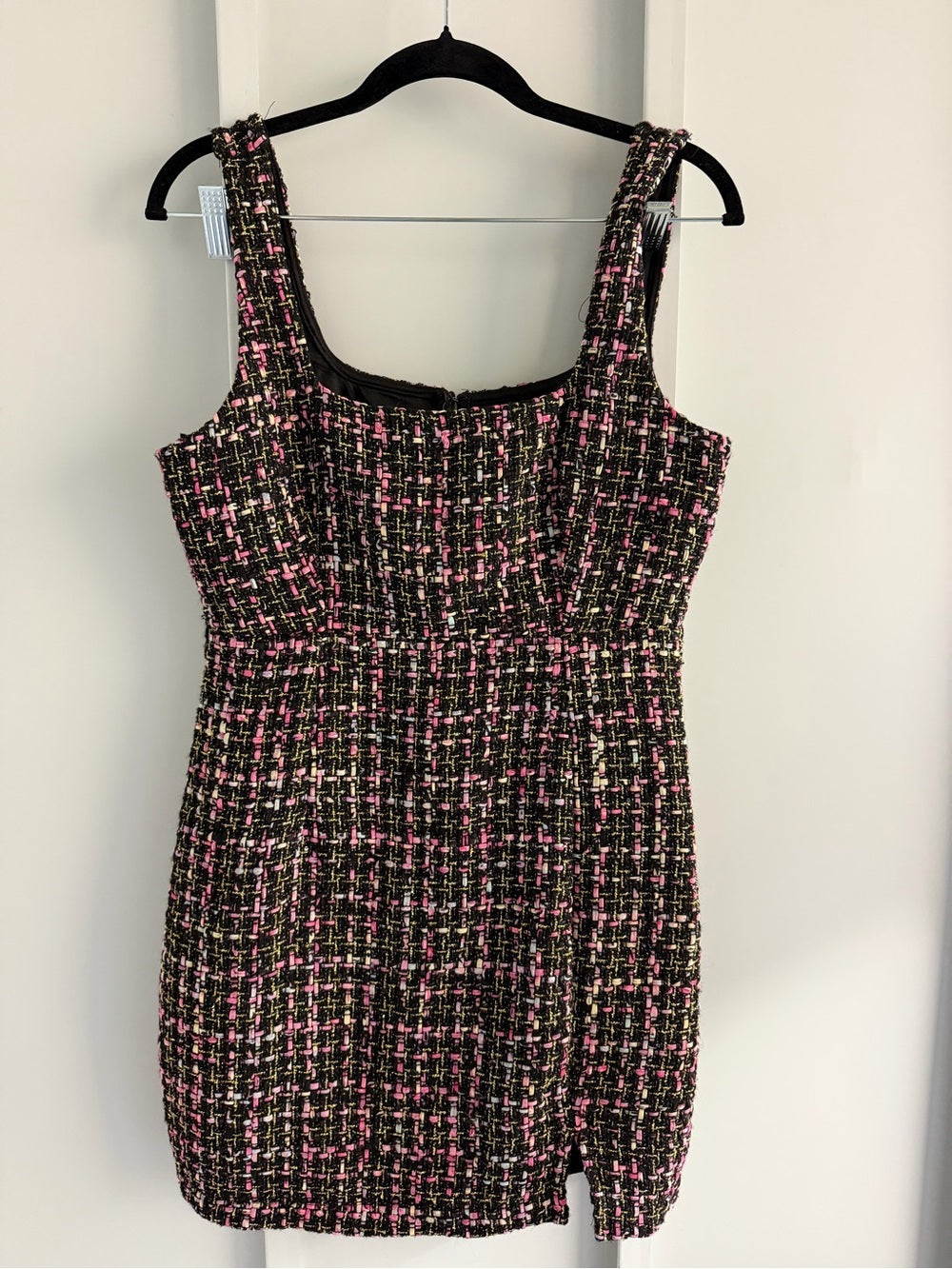 Sincerely Jules Black Pink Metallic Gold Tweed Shift Mini Dress L