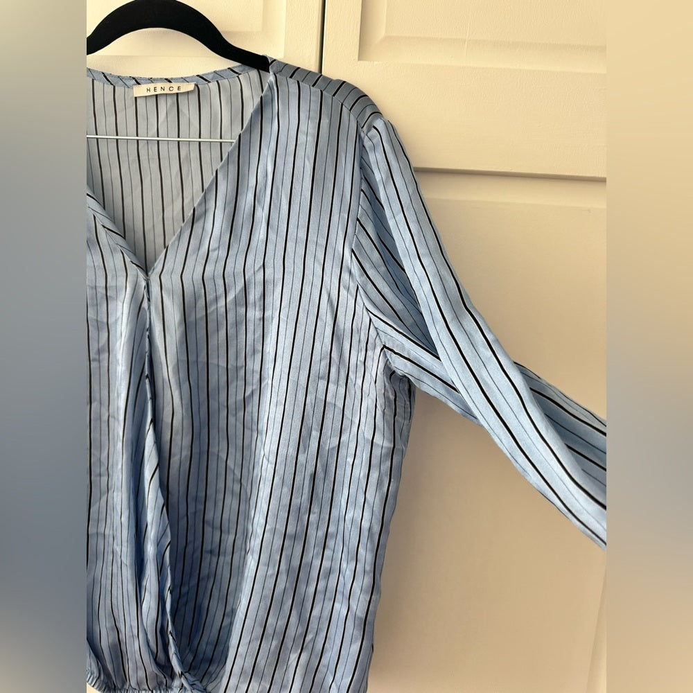 Hence Blue Pinstripe Satin Blouse | Draped V-Neck | Long Sleeve | (Fits M–L)