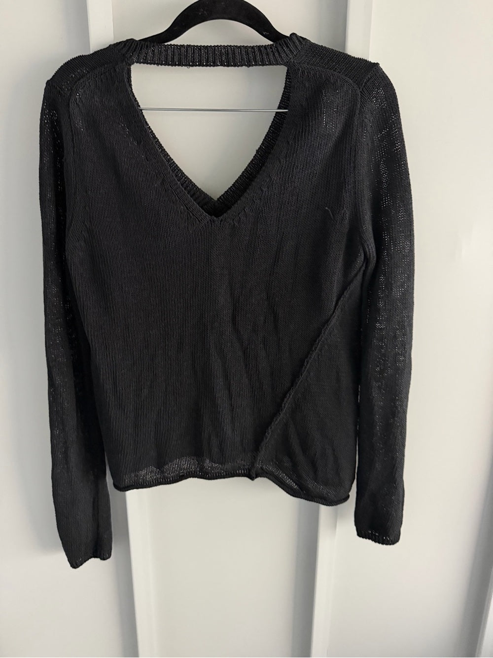 360 Sweater Black Cotton Blend V-Neck Cutout Back Knit Small