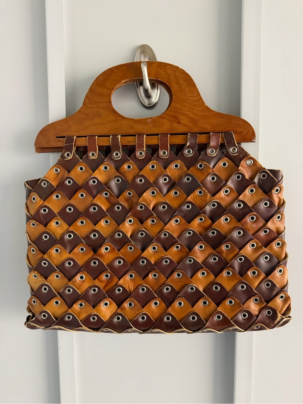 Vintage Handmade Leather & Wood Weave Statement Handbag
