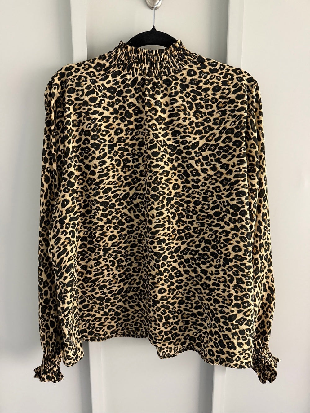 Vintage Italian Leopard Print Smocked Mock Neck Blouse L