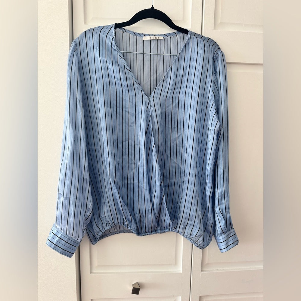 Hence Blue Pinstripe Satin Blouse | Draped V-Neck | Long Sleeve | (Fits M–L)