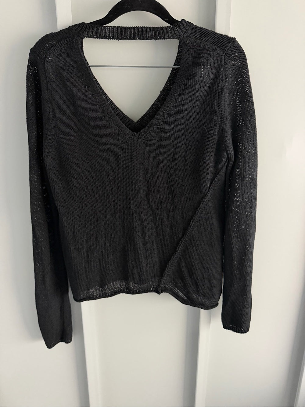 360 Sweater Black Cotton Blend V-Neck Cutout Back Knit Small