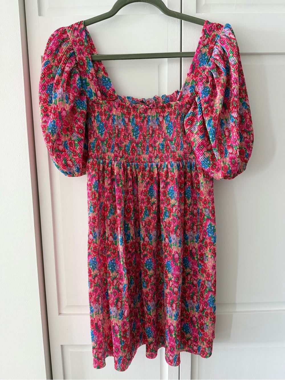 Zara Bright Floral Smocked Plissé Puff Sleeve Mini Dress M New
