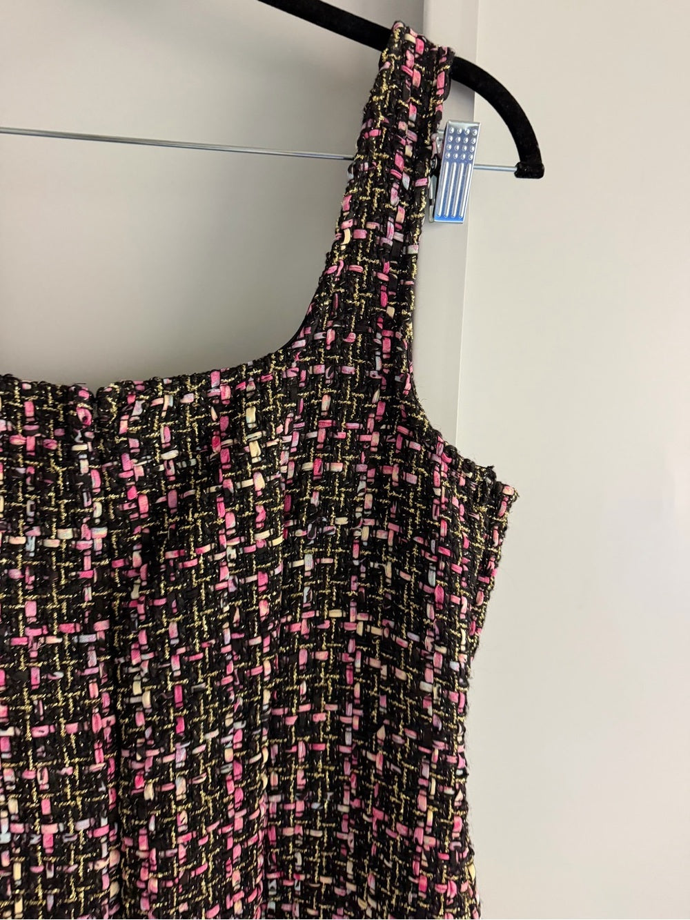 Sincerely Jules Black Pink Metallic Gold Tweed Shift Mini Dress L