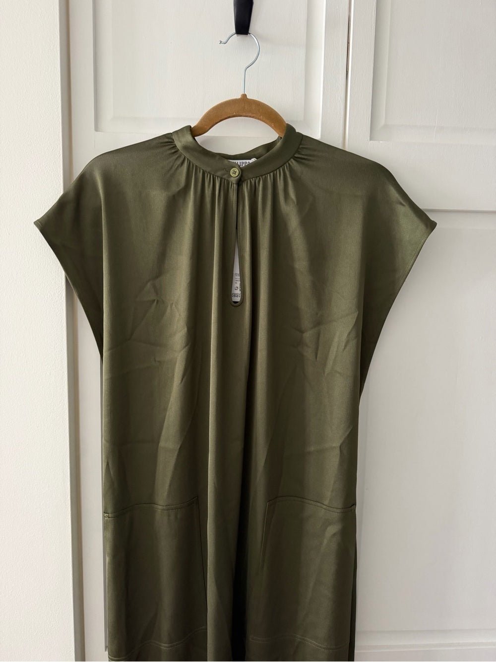 Filippa K Olive Green Satin-Finish Midi Dress - Size 36 (Fits Oversized) NWT - Studio Edition