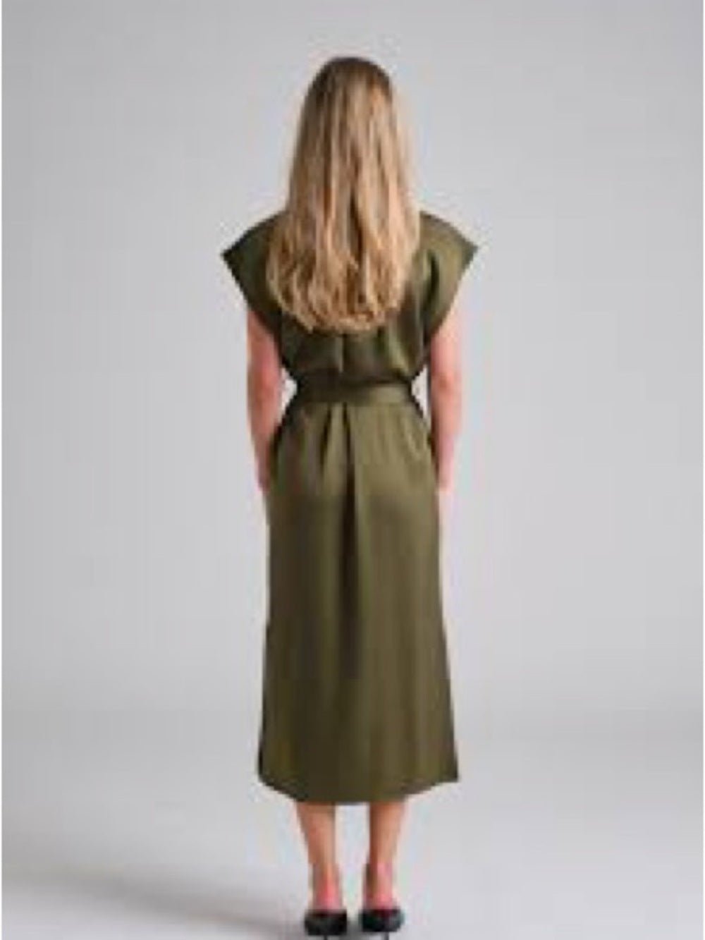 Filippa K Olive Green Satin-Finish Midi Dress - Size 36 (Fits Oversized) NWT - Studio Edition