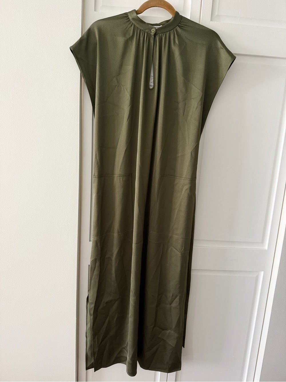 Filippa K Olive Green Satin-Finish Midi Dress - Size 36 (Fits Oversized) NWT - Studio Edition