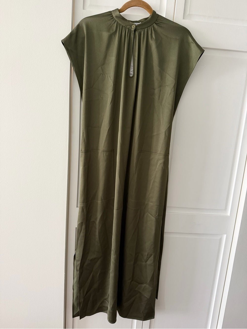 Filippa K Olive Green Satin-Finish Midi Dress - Size 36 (Fits Oversized) NWT - Studio Edition