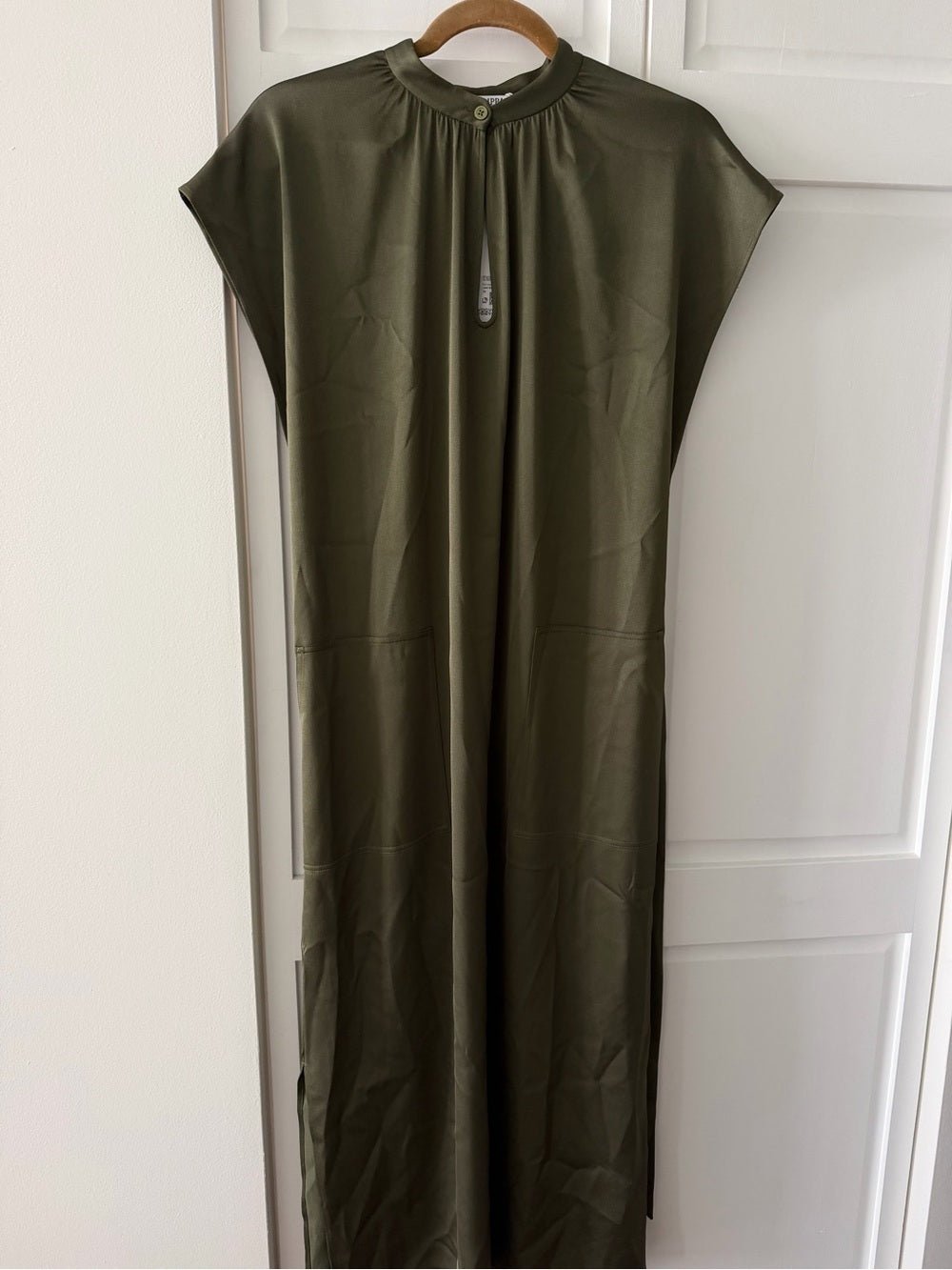 Filippa K Olive Green Satin-Finish Midi Dress - Size 36 (Fits Oversized) NWT - Studio Edition