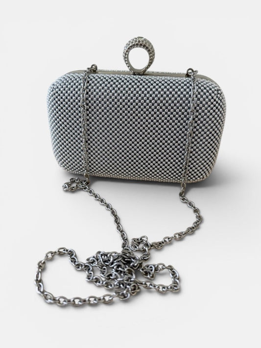 Jessica McClintock Silver Mesh Box Clutch Rhinestone Ring Clasp Bag⁠ - Studio Edition