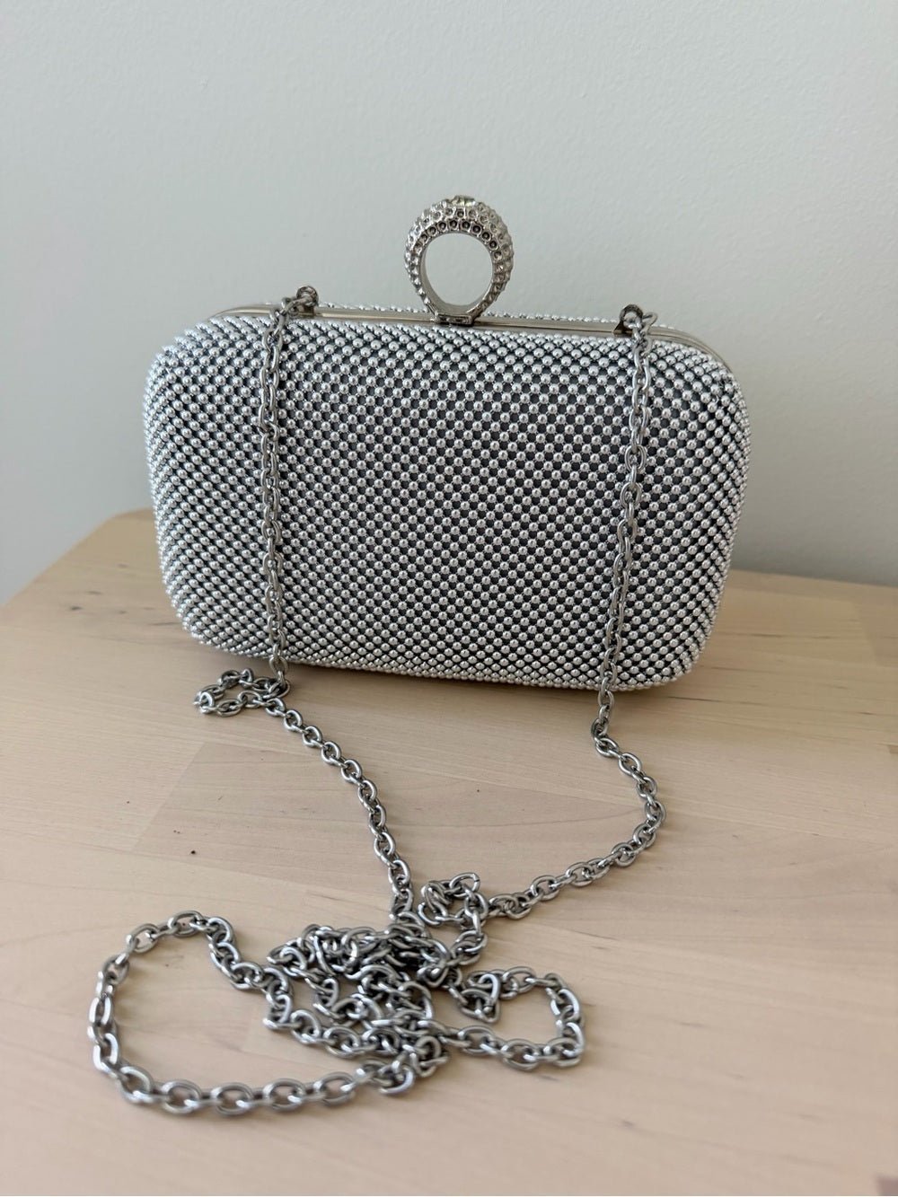 Jessica McClintock Silver Mesh Box Clutch Rhinestone Ring Clasp Bag⁠ - Studio Edition
