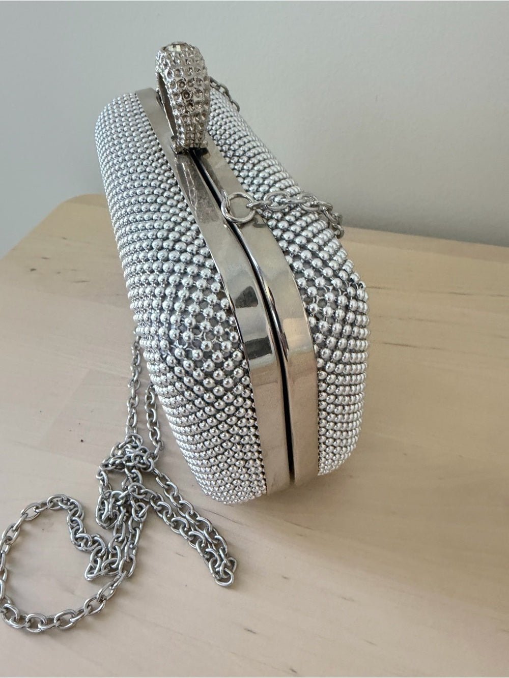 Jessica McClintock Silver Mesh Box Clutch Rhinestone Ring Clasp Bag⁠ - Studio Edition