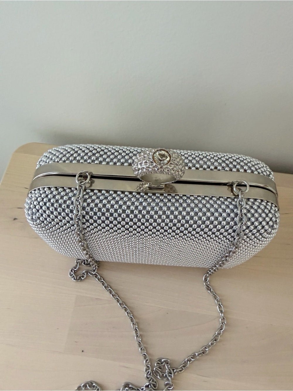 Jessica McClintock Silver Mesh Box Clutch Rhinestone Ring Clasp Bag⁠ - Studio Edition