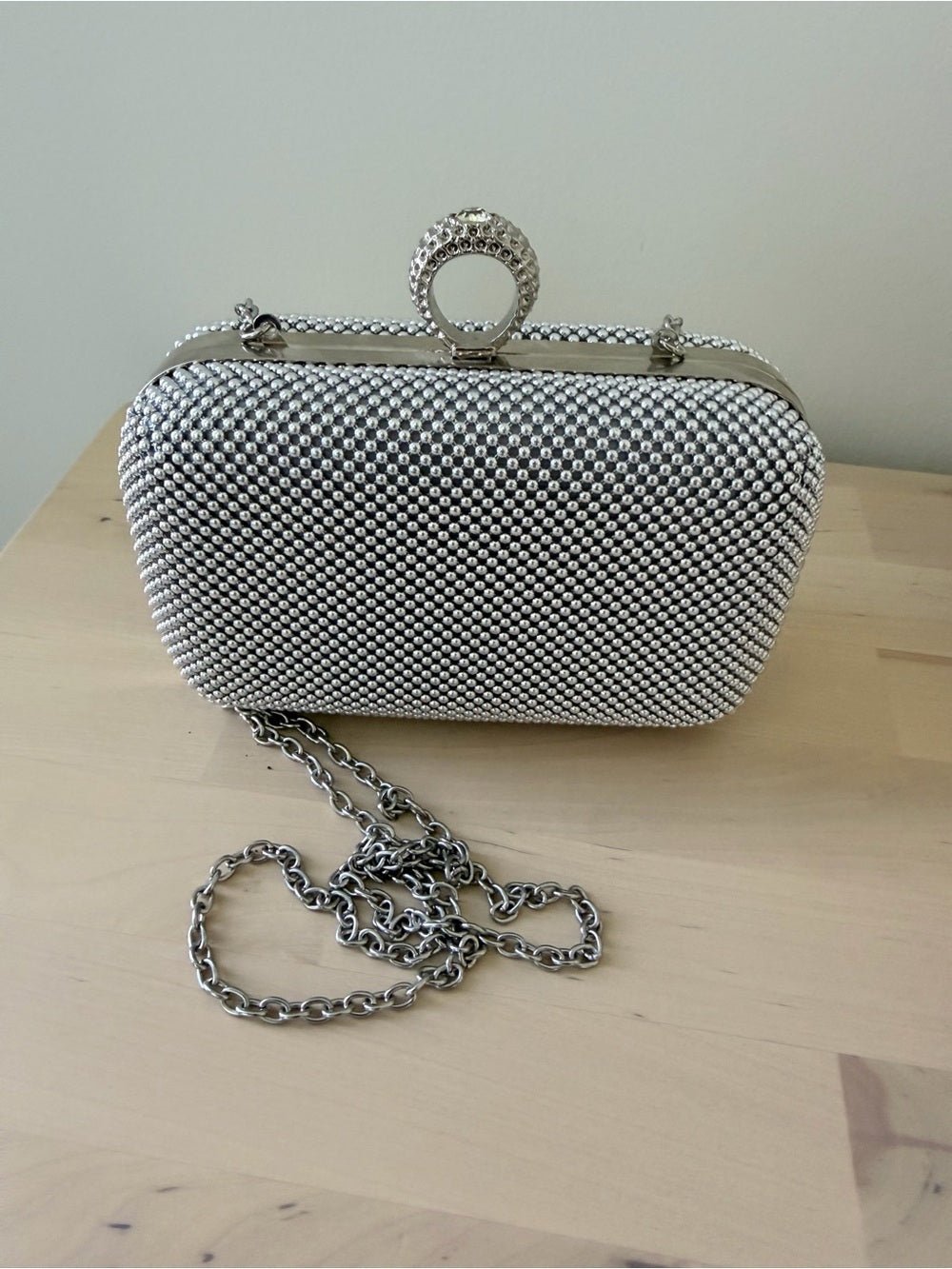 Jessica McClintock Silver Mesh Box Clutch Rhinestone Ring Clasp Bag⁠ - Studio Edition