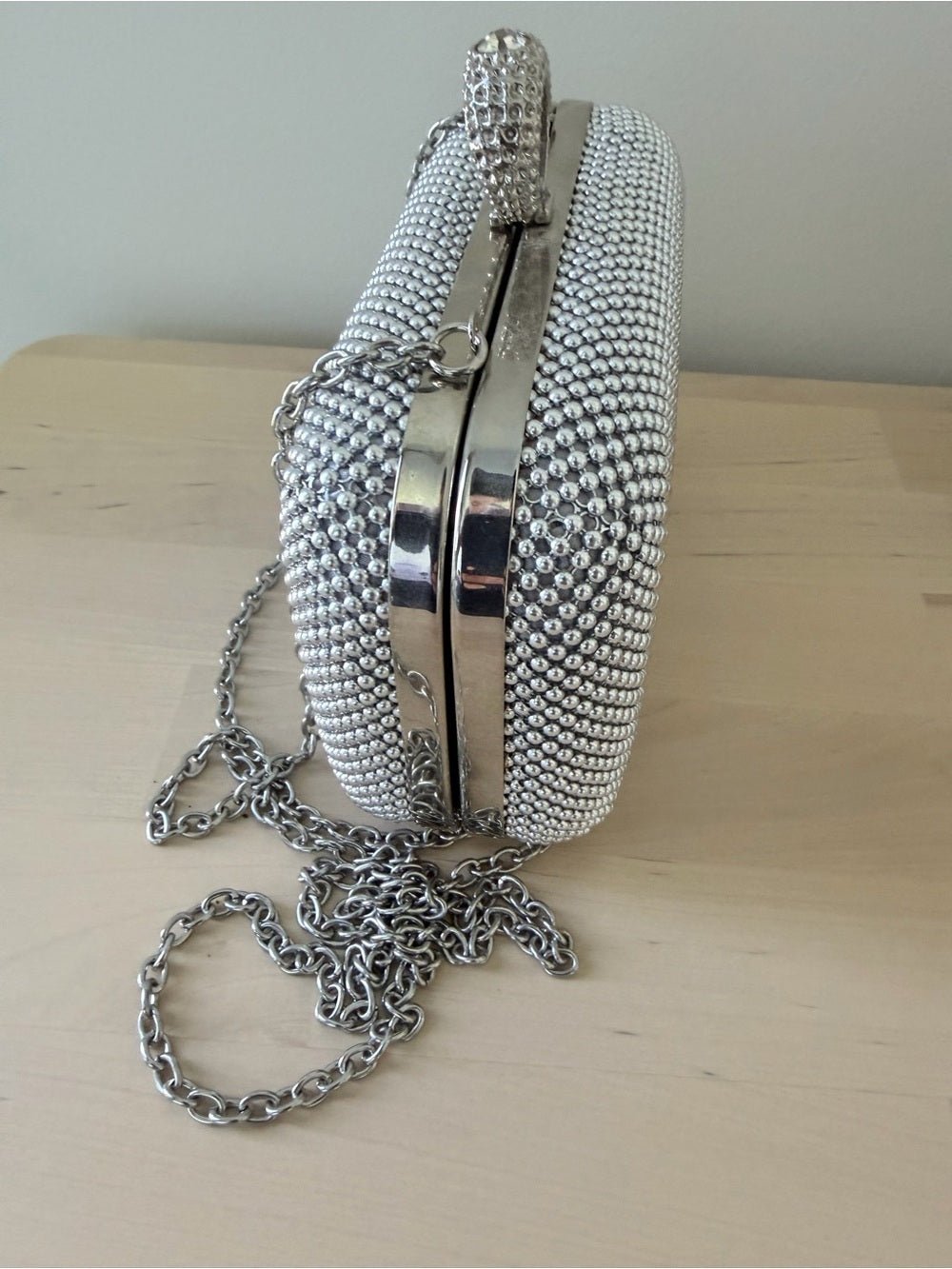 Jessica McClintock Silver Mesh Box Clutch Rhinestone Ring Clasp Bag⁠ - Studio Edition