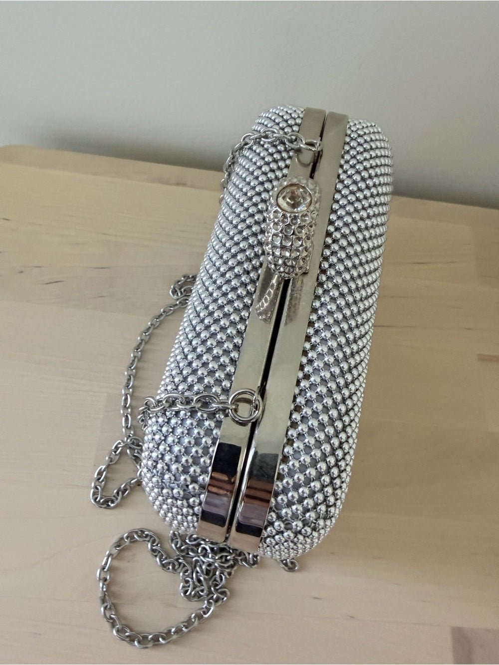 Jessica McClintock Silver Mesh Box Clutch Rhinestone Ring Clasp Bag⁠ - Studio Edition