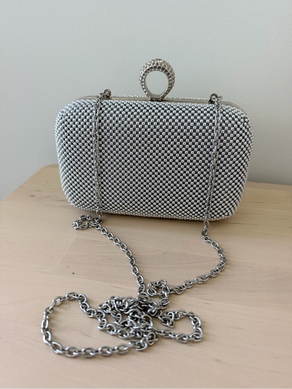 Jessica McClintock Silver Mesh Box Clutch Rhinestone Ring Clasp Bag⁠ - Studio Edition