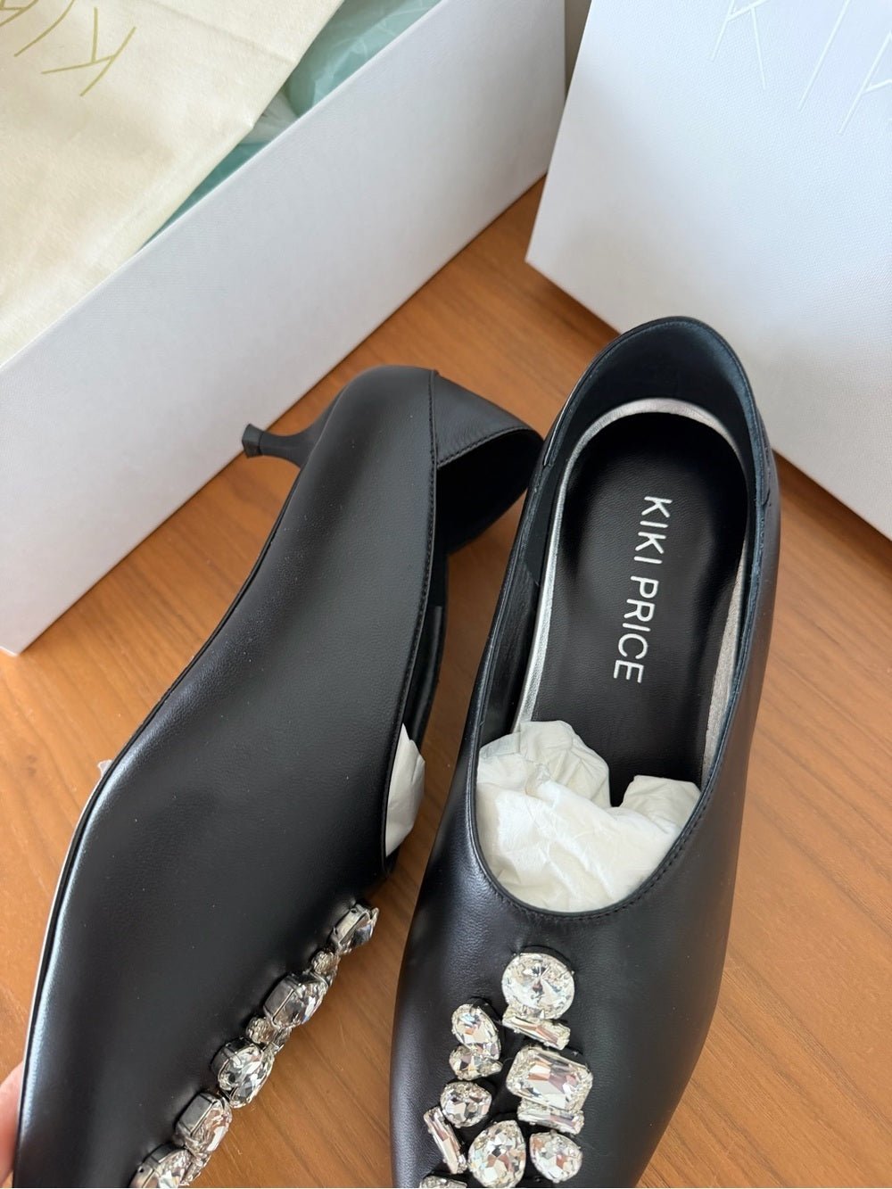 Kiki Price Black Leather Crystal Embellished Kitten Heels - Size 39.5 New NWT - Studio Edition