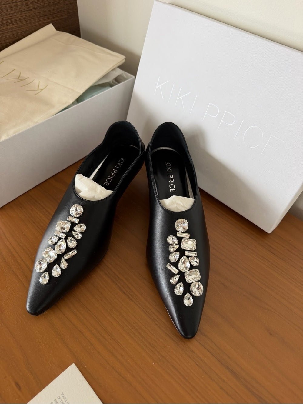 Kiki Price Black Leather Crystal Embellished Kitten Heels - Size 39.5 New NWT - Studio Edition