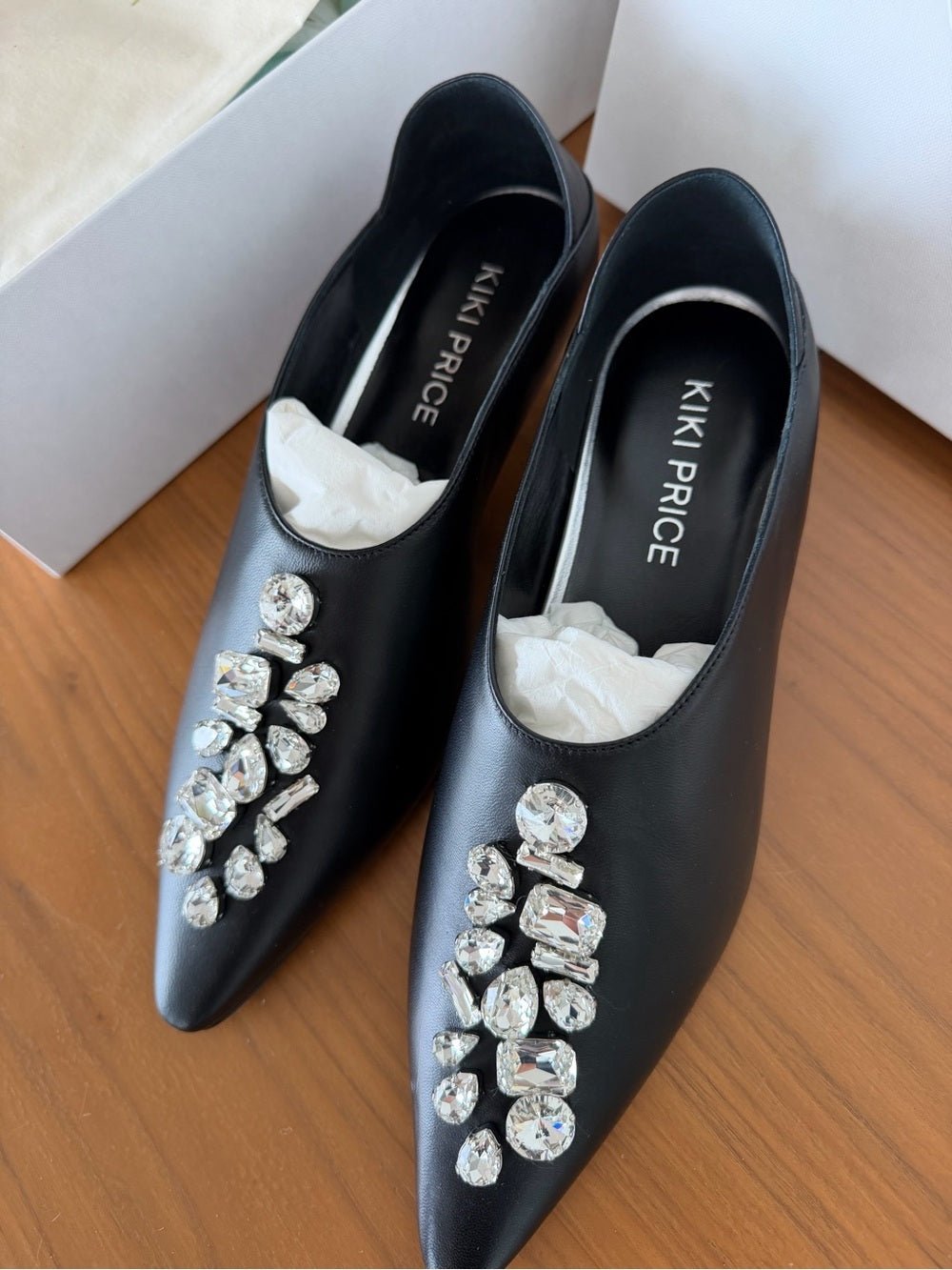 Kiki Price Black Leather Crystal Embellished Kitten Heels - Size 39.5 New NWT - Studio Edition