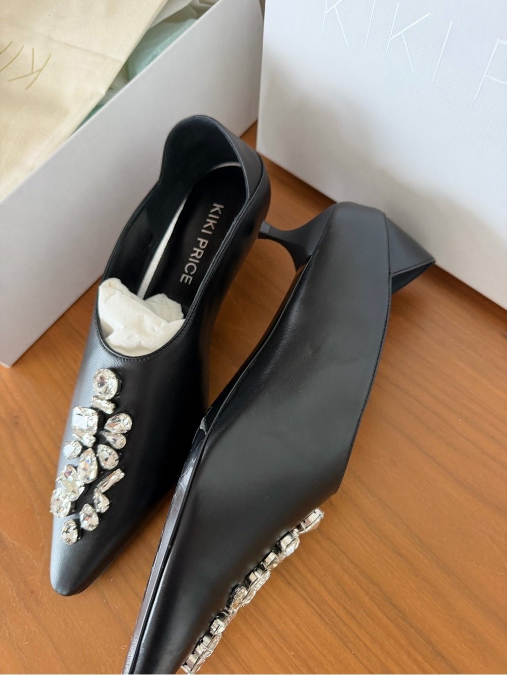 Kiki Price Black Leather Crystal Embellished Kitten Heels - Size 39.5 New NWT - Studio Edition