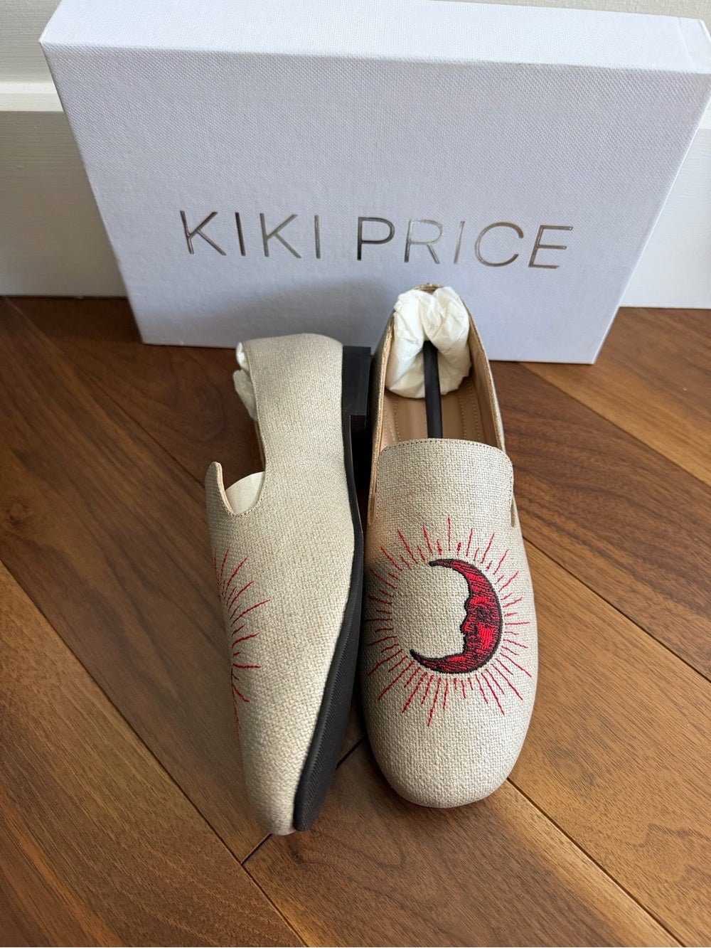 Kiki Price Embroidered Crescent Moon Loafers - Size 40 beige with red - Studio Edition