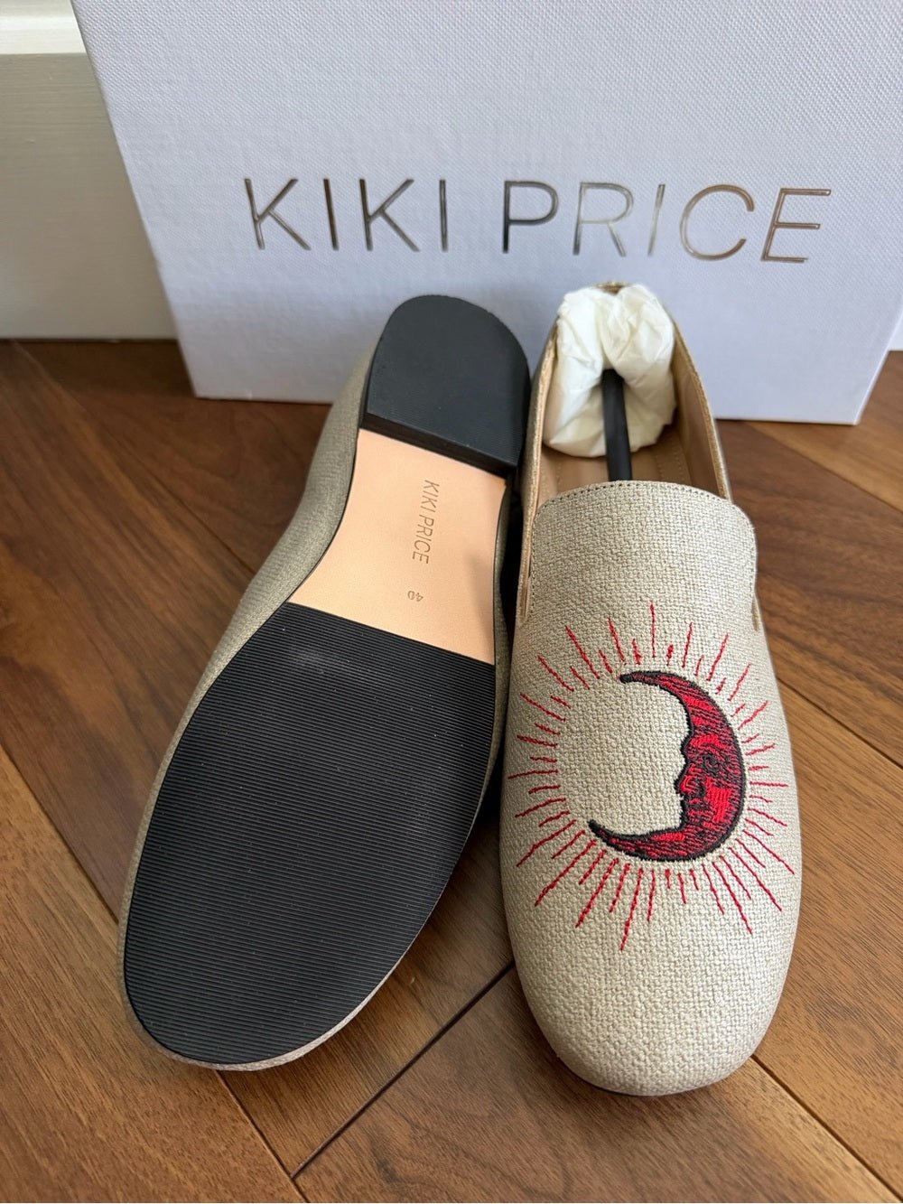 Kiki Price Embroidered Crescent Moon Loafers - Size 40 beige with red - Studio Edition