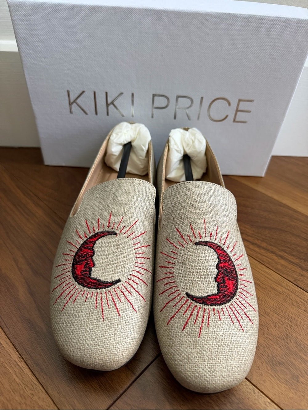 Kiki Price Embroidered Crescent Moon Loafers - Size 40 beige with red - Studio Edition