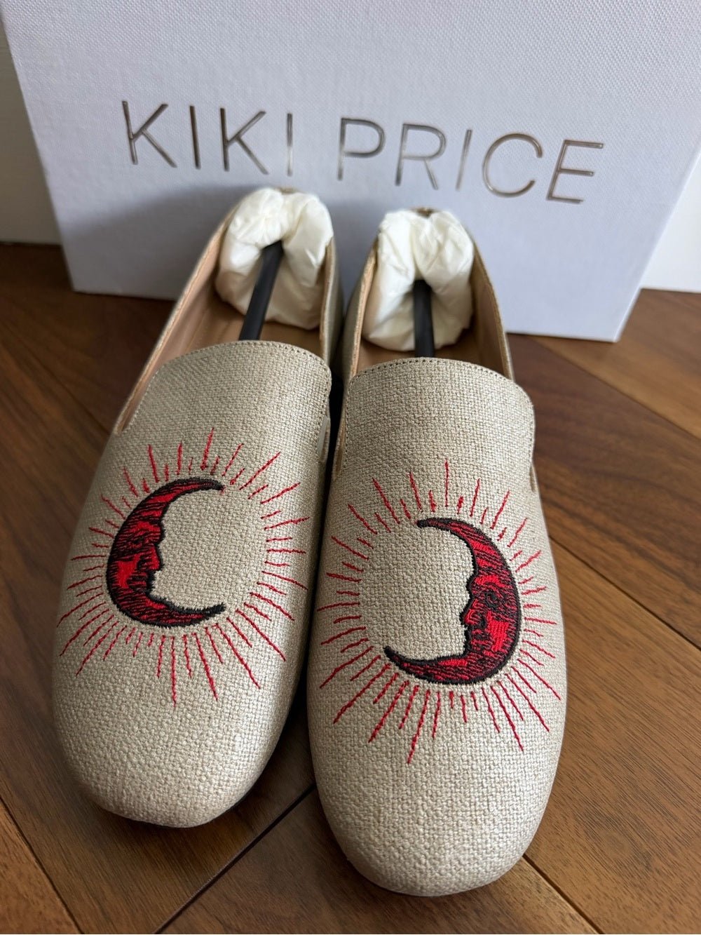 Kiki Price Embroidered Crescent Moon Loafers - Size 40 beige with red - Studio Edition