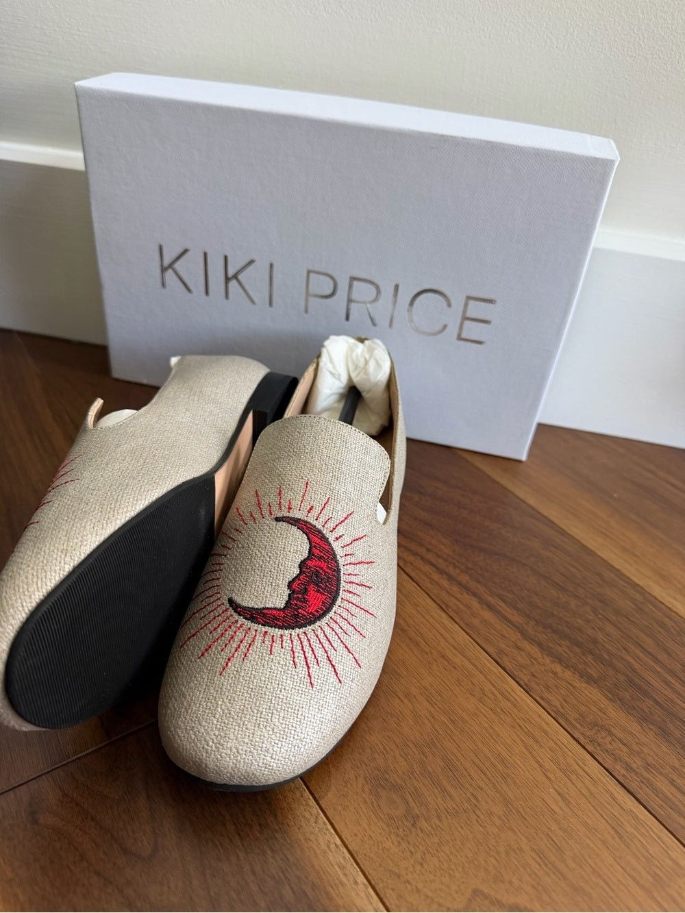 Kiki Price Embroidered Crescent Moon Loafers - Size 40 beige with red - Studio Edition