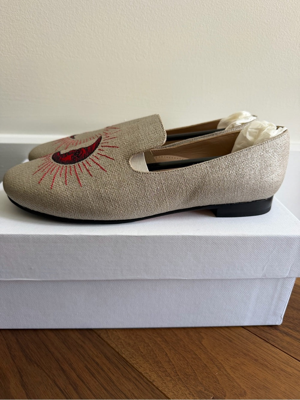 Kiki Price Embroidered Crescent Moon Loafers - Size 40 beige with red - Studio Edition