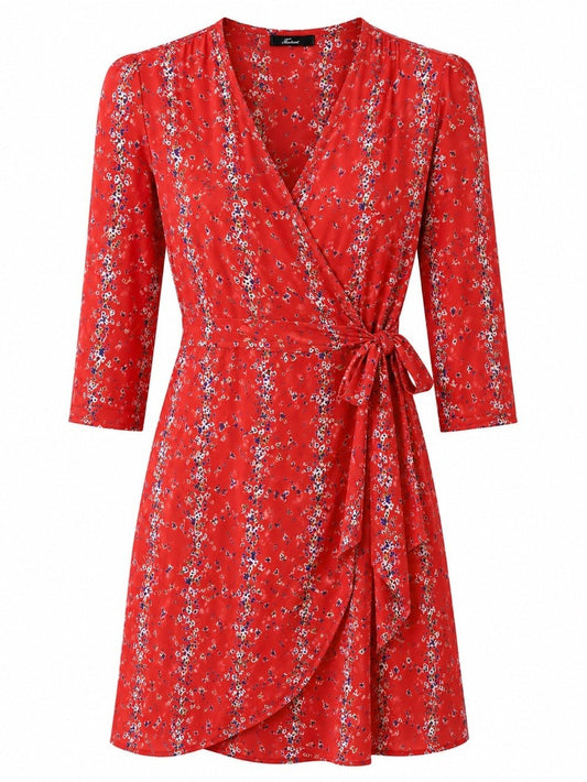 Lisakai Red Floral Long Sleeve Wrap Mini Dress Size S /M - Studio Edition