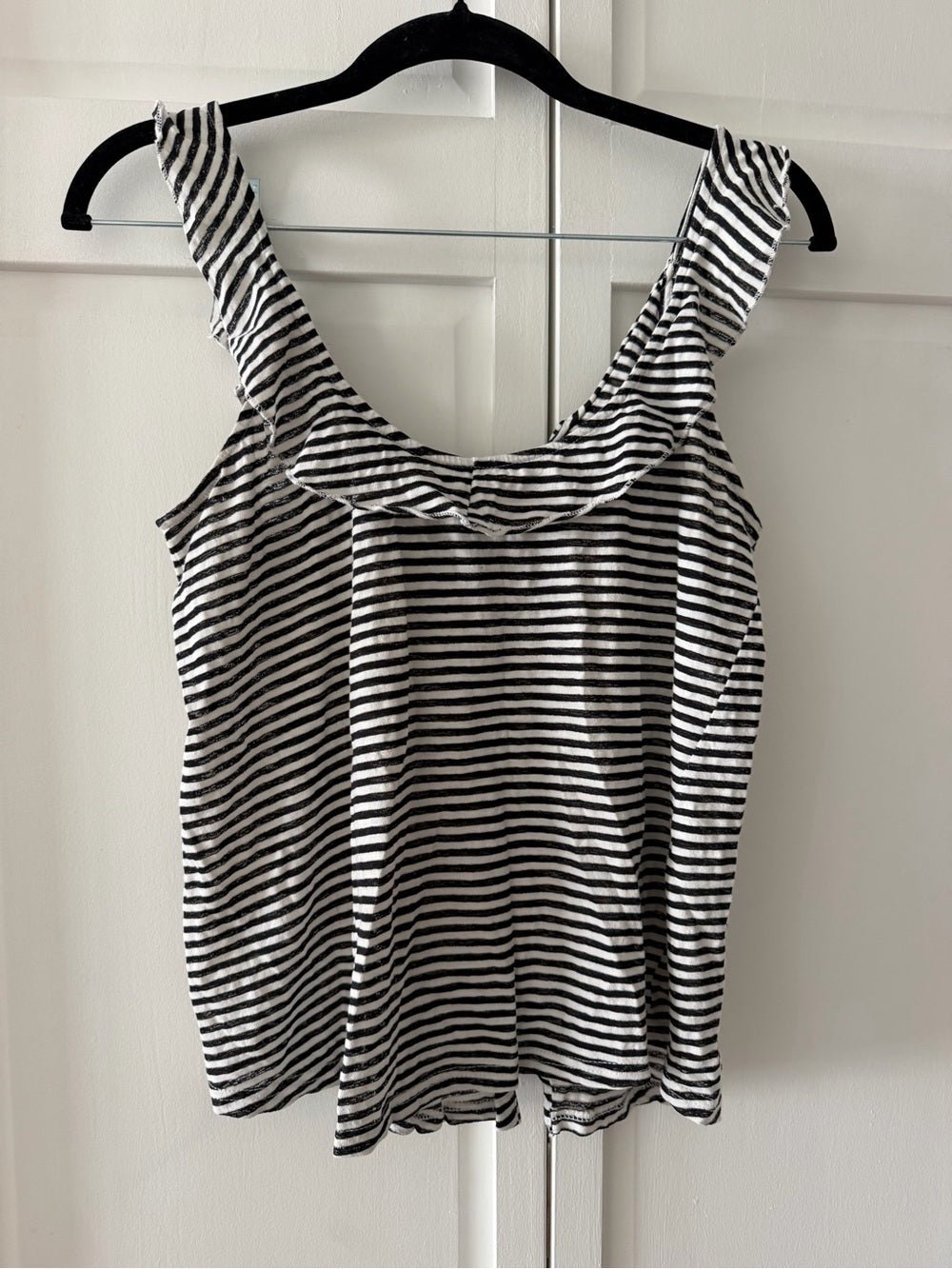Peace Love Black & White Striped Ruffle Button-Front Tank Top size S French - Studio Edition